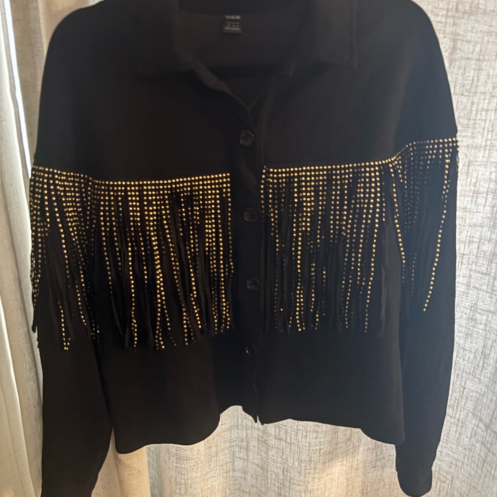 SHEIN Black Jacket with Gold Stud Fringe